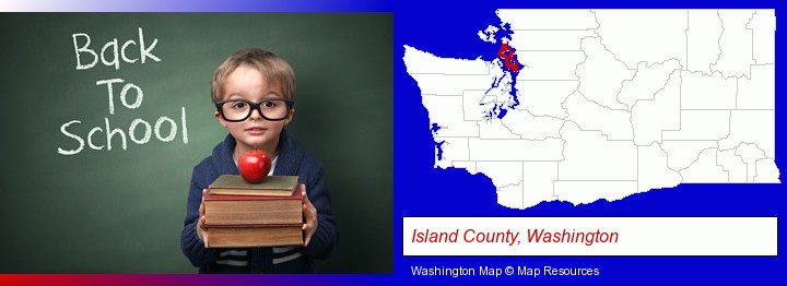 the back-to-school concept; Island County, Washington highlighted in red on a map