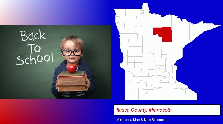 the back-to-school concept; Itasca County, Minnesota highlighted in red on a map