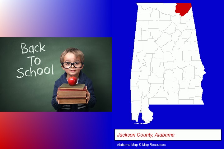 the back-to-school concept; Jackson County, Alabama highlighted in red on a map