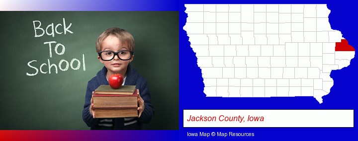 the back-to-school concept; Jackson County, Iowa highlighted in red on a map