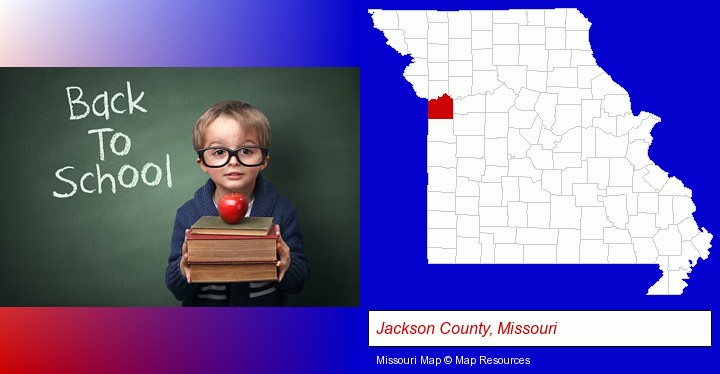 the back-to-school concept; Jackson County, Missouri highlighted in red on a map