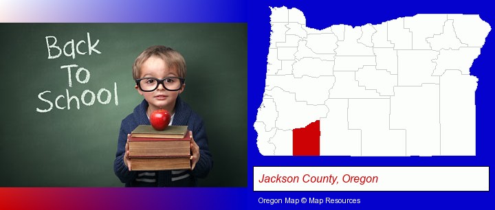 the back-to-school concept; Jackson County, Oregon highlighted in red on a map