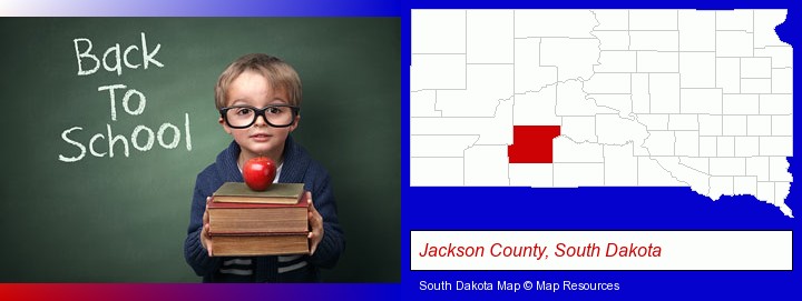 the back-to-school concept; Jackson County, South Dakota highlighted in red on a map