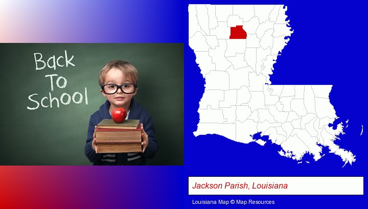 the back-to-school concept; Jackson Parish, Louisiana highlighted in red on a map