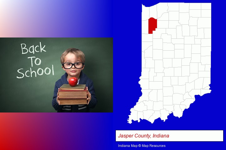 the back-to-school concept; Jasper County, Indiana highlighted in red on a map