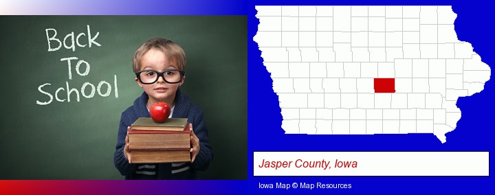 the back-to-school concept; Jasper County, Iowa highlighted in red on a map