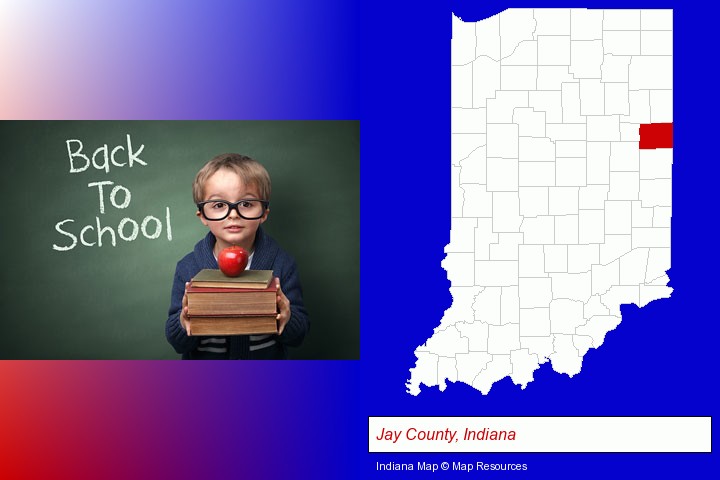 the back-to-school concept; Jay County, Indiana highlighted in red on a map