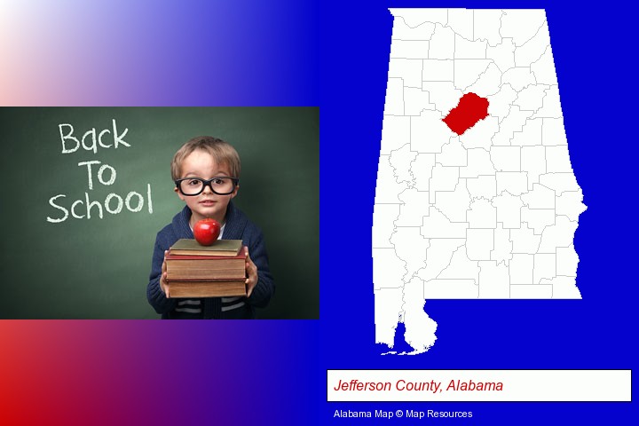 the back-to-school concept; Jefferson County, Alabama highlighted in red on a map