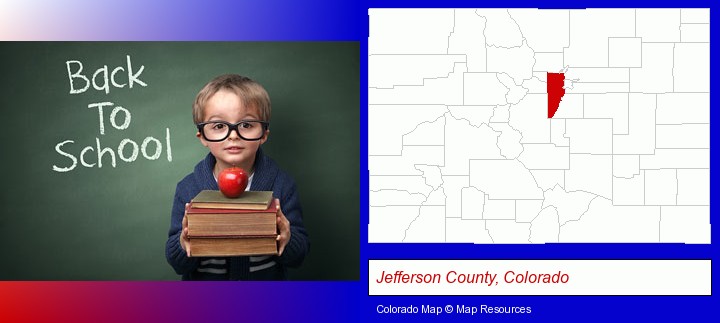the back-to-school concept; Jefferson County, Colorado highlighted in red on a map