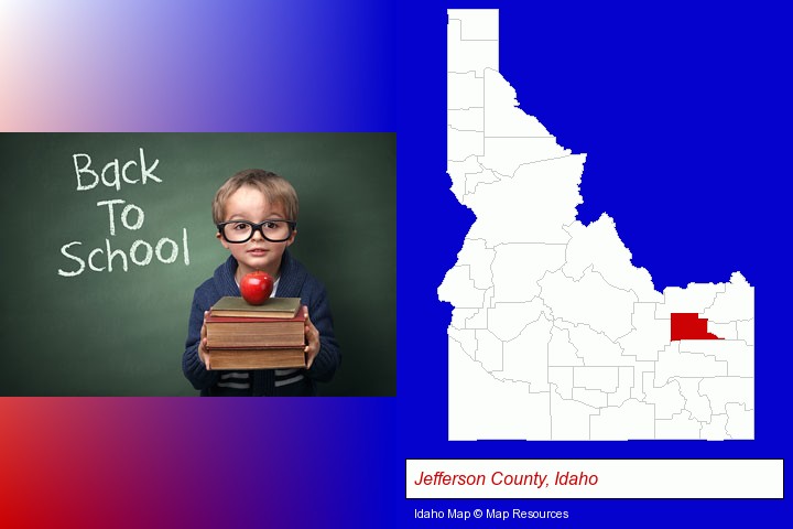 the back-to-school concept; Jefferson County, Idaho highlighted in red on a map
