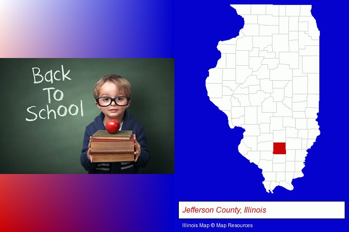 the back-to-school concept; Jefferson County, Illinois highlighted in red on a map
