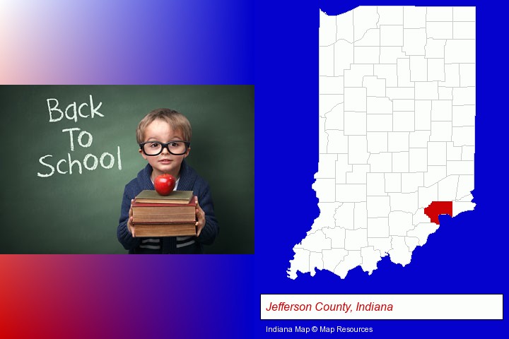 the back-to-school concept; Jefferson County, Indiana highlighted in red on a map