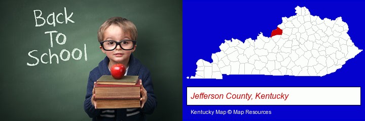 the back-to-school concept; Jefferson County, Kentucky highlighted in red on a map