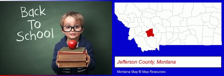 the back-to-school concept; Jefferson County, Montana highlighted in red on a map