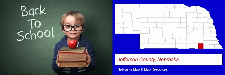 the back-to-school concept; Jefferson County, Nebraska highlighted in red on a map