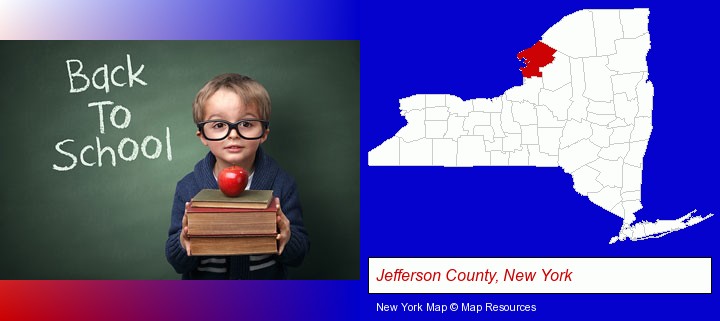 the back-to-school concept; Jefferson County, New York highlighted in red on a map