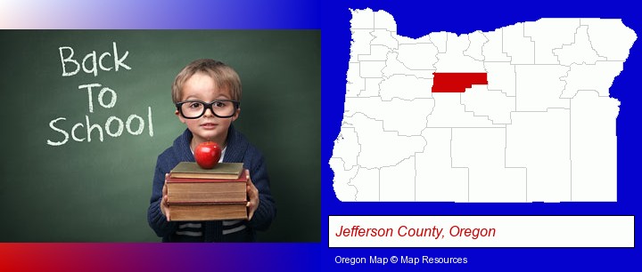 the back-to-school concept; Jefferson County, Oregon highlighted in red on a map