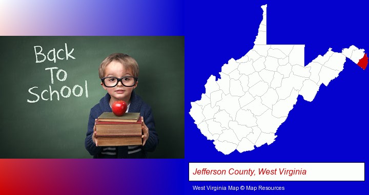 the back-to-school concept; Jefferson County, West Virginia highlighted in red on a map