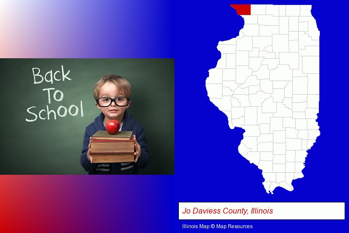 the back-to-school concept; Jo Daviess County, Illinois highlighted in red on a map
