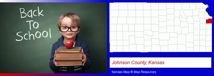 the back-to-school concept; Johnson County, Kansas highlighted in red on a map