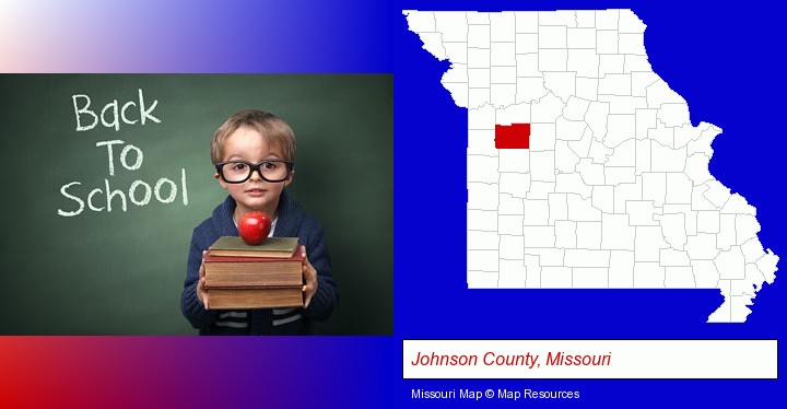 the back-to-school concept; Johnson County, Missouri highlighted in red on a map