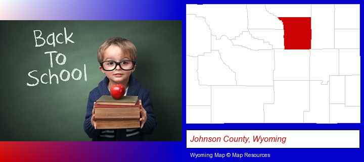 the back-to-school concept; Johnson County, Wyoming highlighted in red on a map