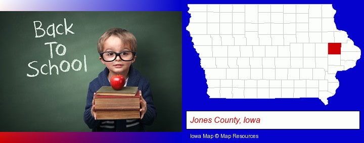 the back-to-school concept; Jones County, Iowa highlighted in red on a map