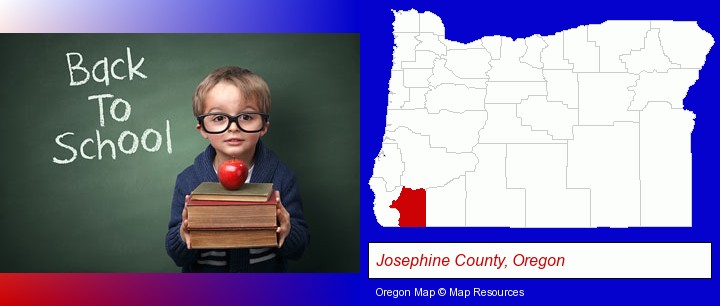 the back-to-school concept; Josephine County, Oregon highlighted in red on a map