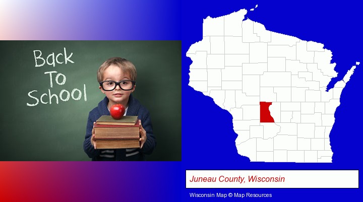 the back-to-school concept; Juneau County, Wisconsin highlighted in red on a map