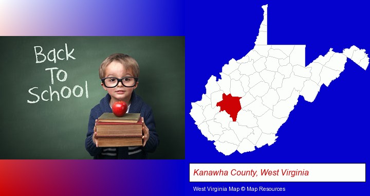 the back-to-school concept; Kanawha County, West Virginia highlighted in red on a map