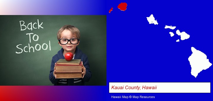 the back-to-school concept; Kauai County, Hawaii highlighted in red on a map