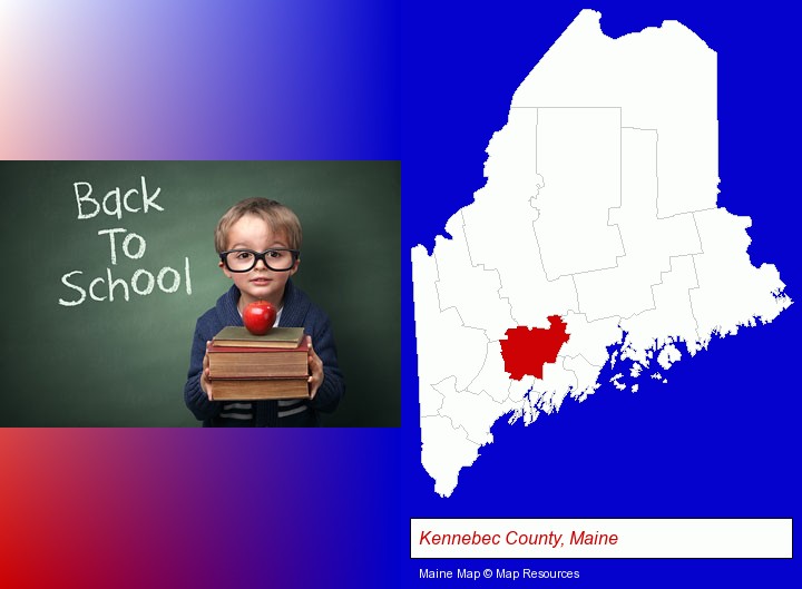 the back-to-school concept; Kennebec County, Maine highlighted in red on a map