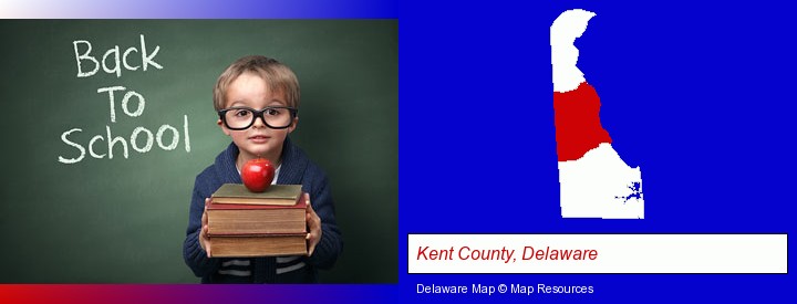 the back-to-school concept; Kent County, Delaware highlighted in red on a map