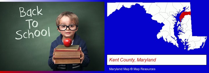 the back-to-school concept; Kent County, Maryland highlighted in red on a map