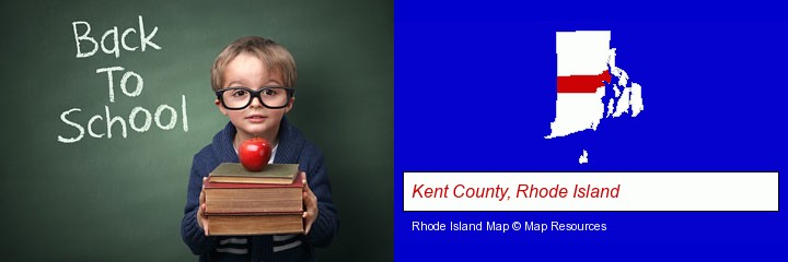 the back-to-school concept; Kent County, Rhode Island highlighted in red on a map
