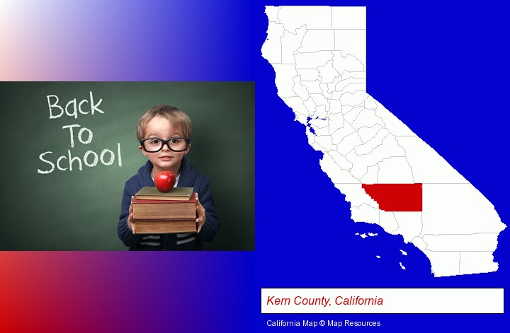 the back-to-school concept; Kern County, California highlighted in red on a map