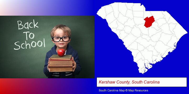 the back-to-school concept; Kershaw County, South Carolina highlighted in red on a map