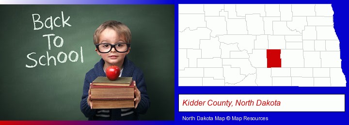 the back-to-school concept; Kidder County, North Dakota highlighted in red on a map