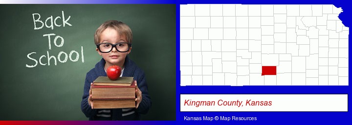the back-to-school concept; Kingman County, Kansas highlighted in red on a map