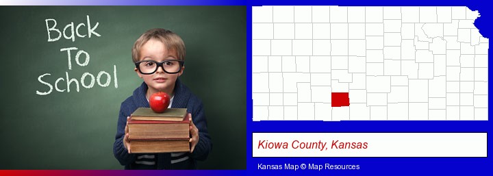 the back-to-school concept; Kiowa County, Kansas highlighted in red on a map