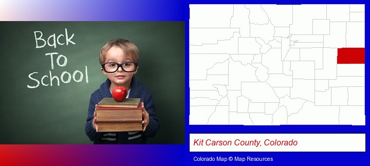 the back-to-school concept; Kit Carson County, Colorado highlighted in red on a map