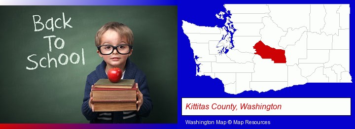 the back-to-school concept; Kittitas County, Washington highlighted in red on a map