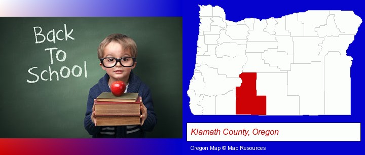the back-to-school concept; Klamath County, Oregon highlighted in red on a map