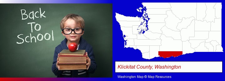 the back-to-school concept; Klickitat County, Washington highlighted in red on a map