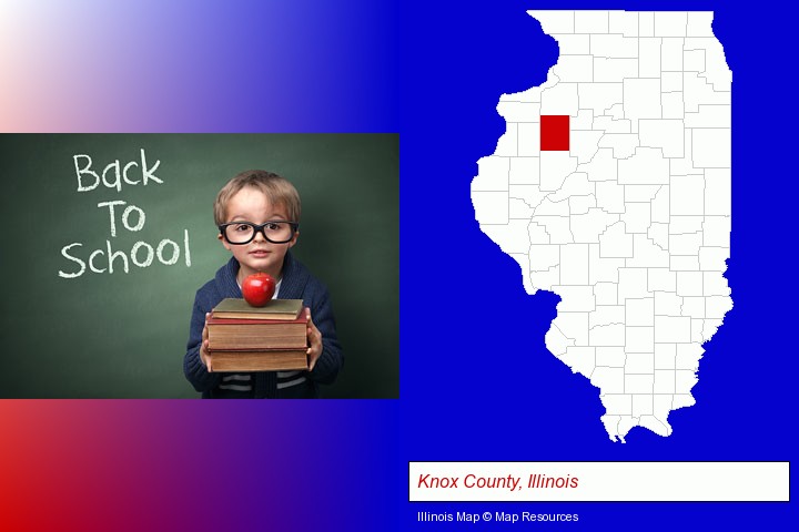 the back-to-school concept; Knox County, Illinois highlighted in red on a map