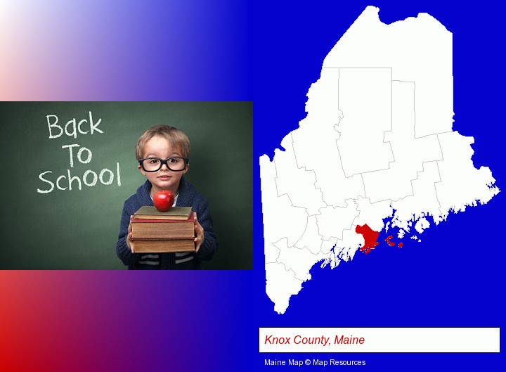 the back-to-school concept; Knox County, Maine highlighted in red on a map