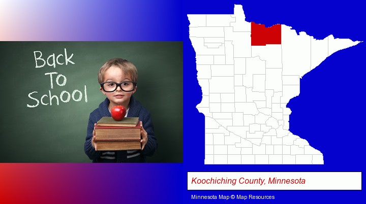 the back-to-school concept; Koochiching County, Minnesota highlighted in red on a map