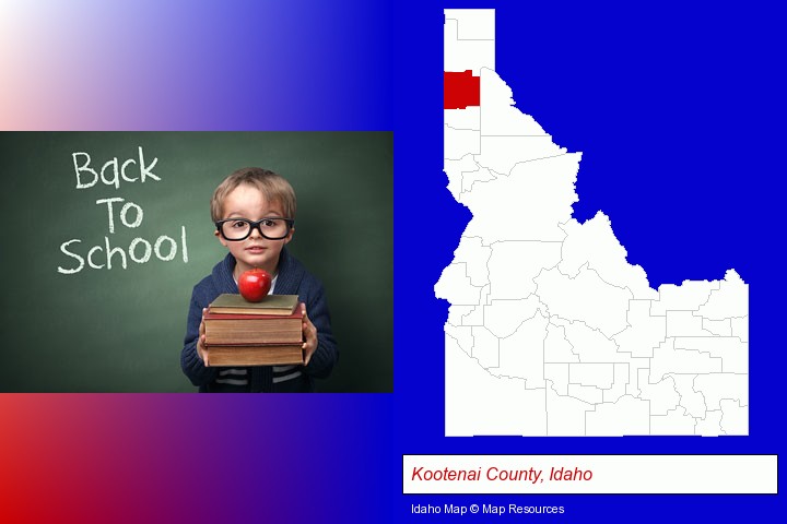 the back-to-school concept; Kootenai County, Idaho highlighted in red on a map