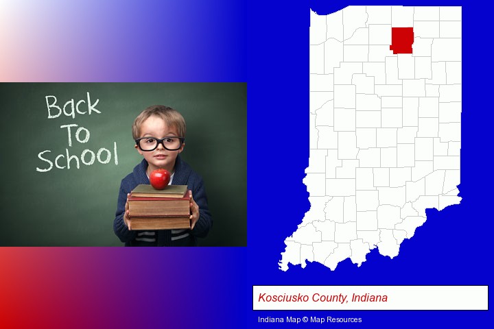 the back-to-school concept; Kosciusko County, Indiana highlighted in red on a map