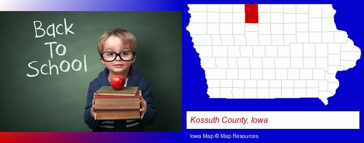 the back-to-school concept; Kossuth County, Iowa highlighted in red on a map